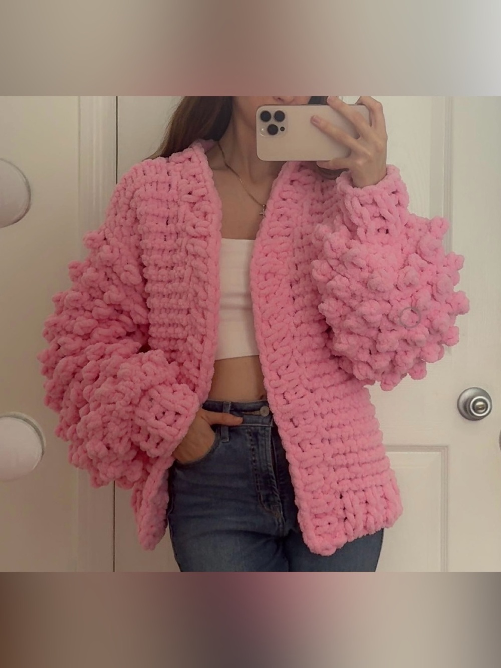 Handmade Pink Chunky Knit Cardigan – Adult Size S - Picture 2 of 4